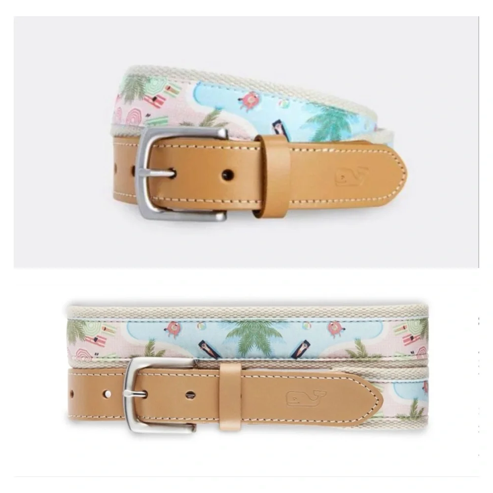 VINEYARD VINES Leather Silk Pool Scene Blue Crush Belt 30 Beach